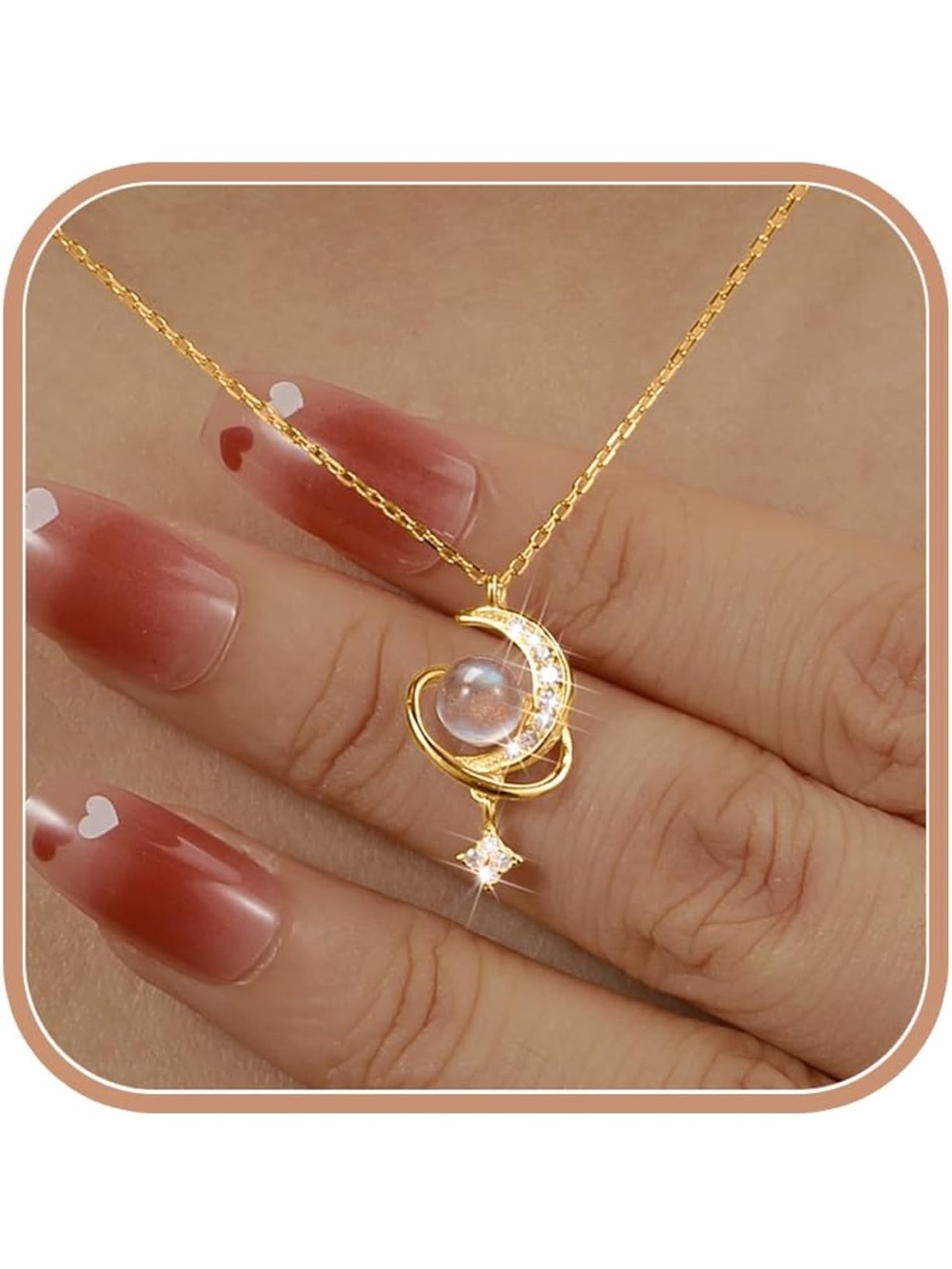 Gold Moon and Star Pendant Necklace with Iridescent Orb